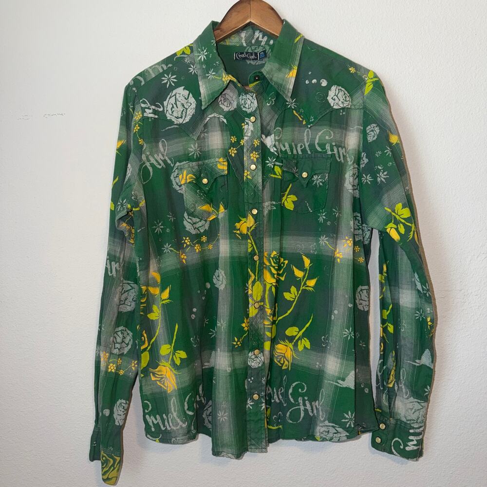 Cruel Girl XXL Western Pearl Snap Shirt Green Floral Rose Plaid Cowgirl Rodeo